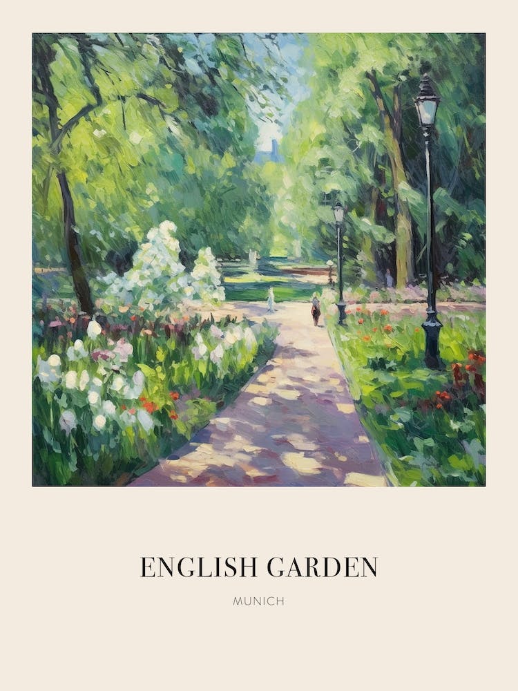 English Garden Park Munich Germany Vintage Cezanne Inspired Poster