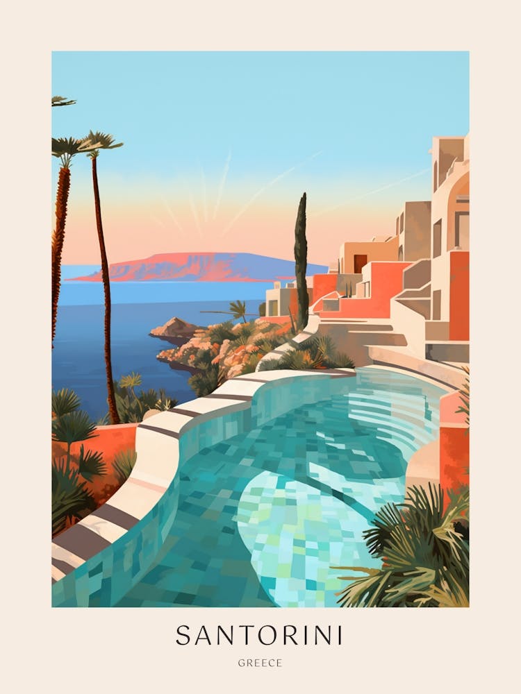 Santorini, Greece 3 Midcentury Modern Pool Poster