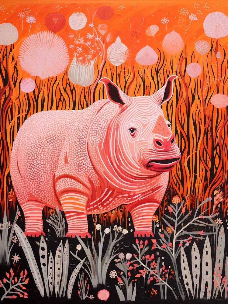 Abstract Rhino In The Nature Linocut Inspired 2