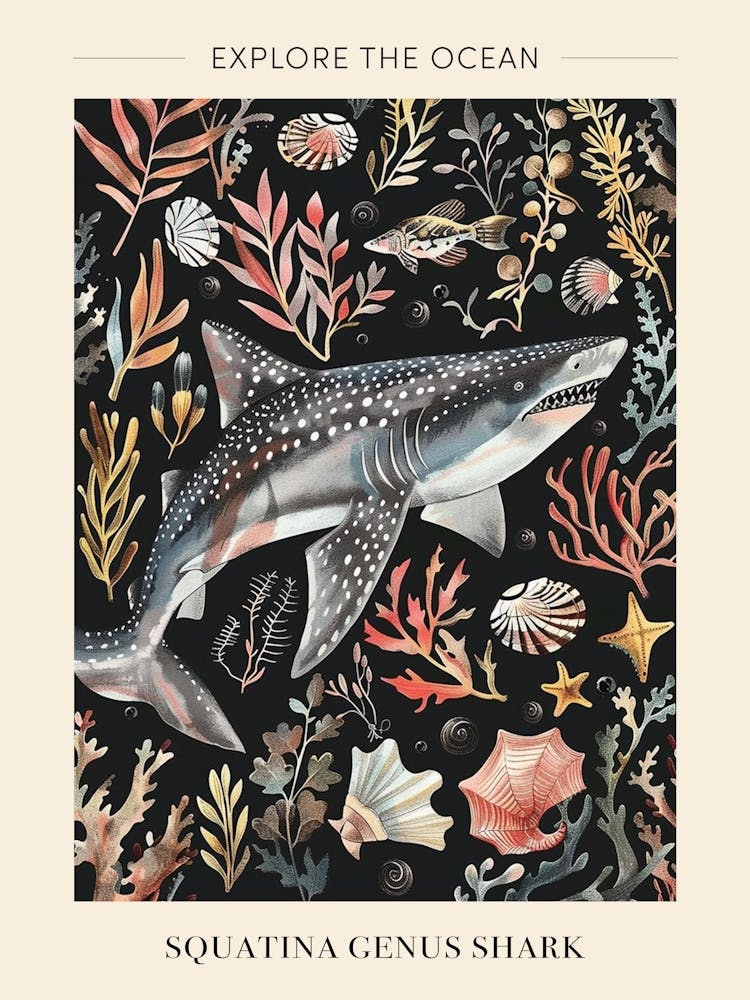 Squatina Genus Shark Seascape Black Background Illustration 2 Poster