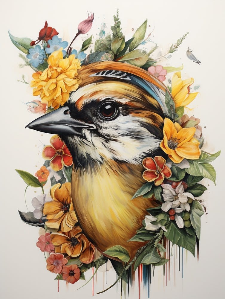 Vogel mit einer Blumenkrone Spatz 2
