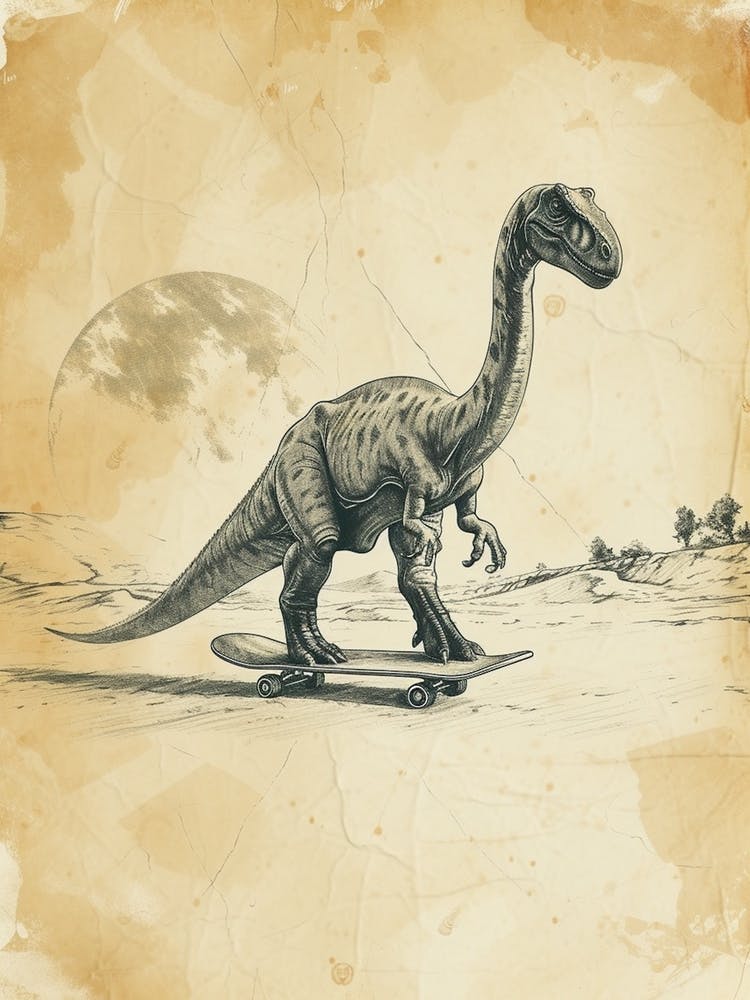 Vintage Diplodocus Dinosaur On A Skateboard 2