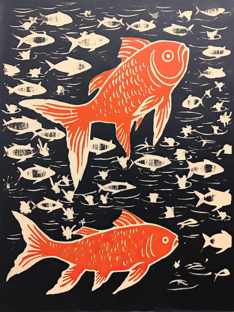 Goldfish, Woodblock Animal  Drawing 1