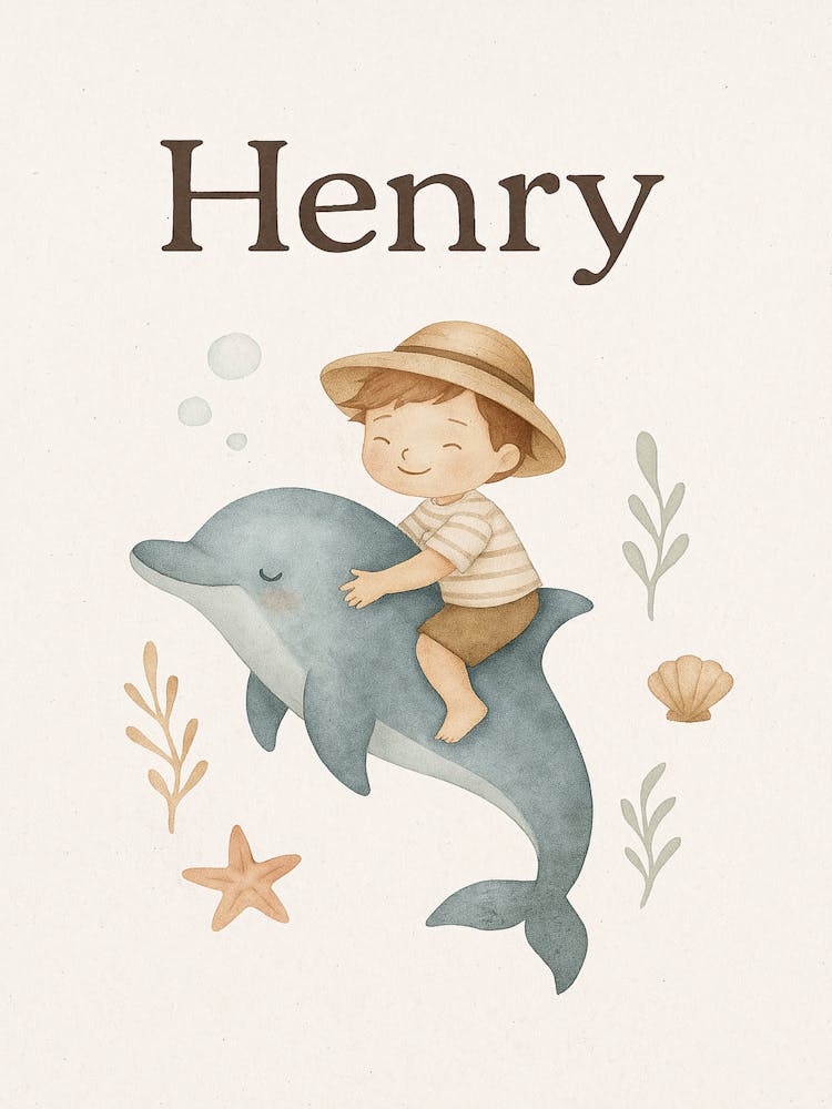 Henry Riding Dolphin – Personalized Ocean Nursery Print | Custom Name Wall Art for Baby Boy Room Decor