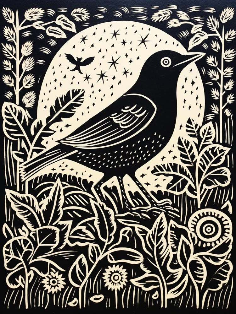 B&W Bird Linocut Blackbird 3
