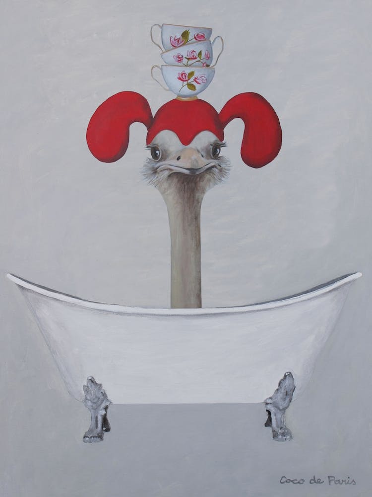Ostrich With Cups In Bathtub