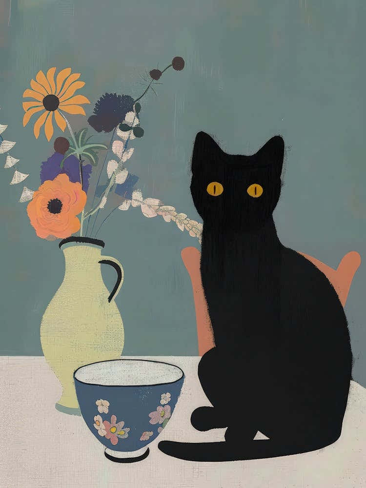 Black Cat Print Still Life With Flowers And Tea Funny