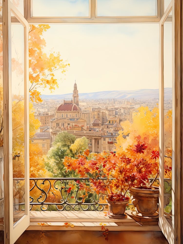 Window View Of Barcelona Spain In Autumn Fall, Watercolour 1