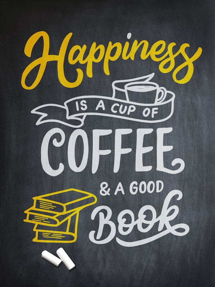 Happiness Is A Cup Of Coffee And A Good Book — coffee poster, kitchen art print, kitchen wall decor, coffee quote, motivational poster