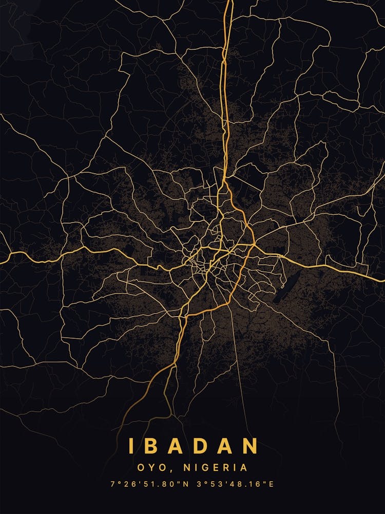 Ibadan Oyo Nigeria Black And Gold Map
