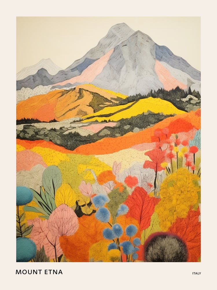 Mount Etna Italy 2 Colourful Mountain Illustration Poster