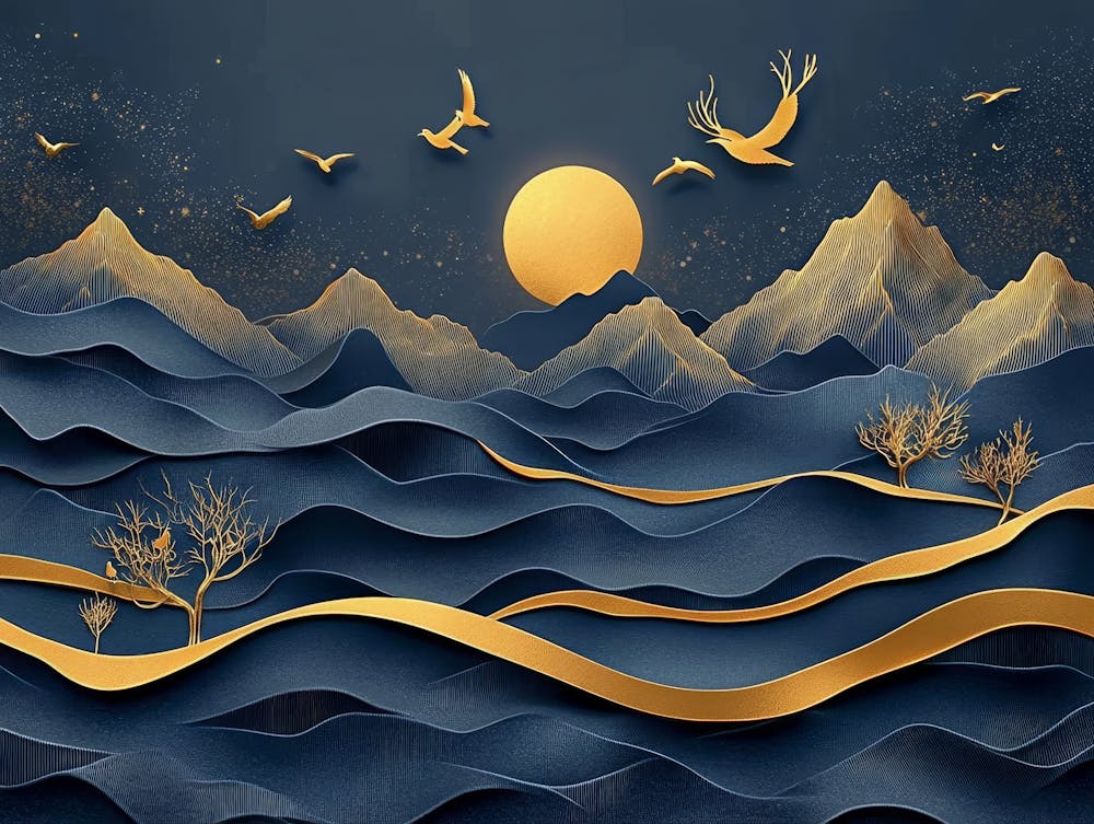 3d Modern Art With Dark Blue And Golden Wave Background
