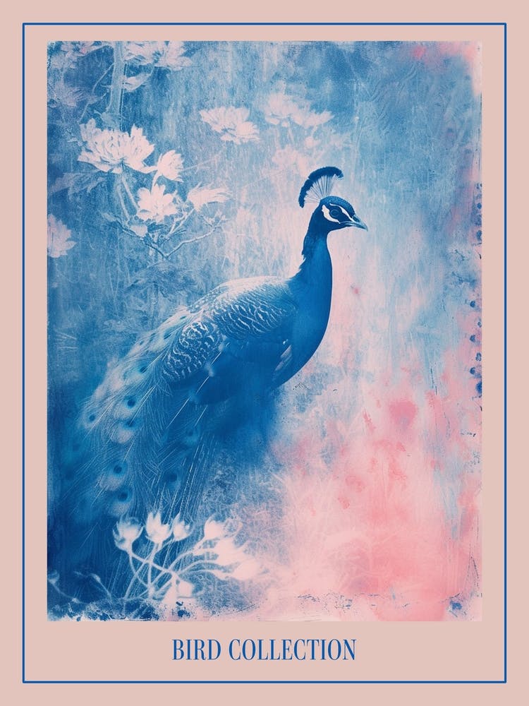 Peacock In The Meadow Cyanotype Inspired Poster