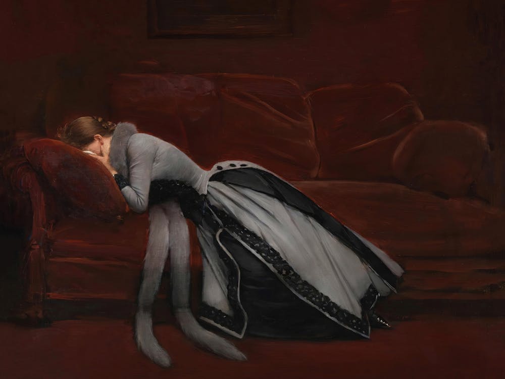 After the Misdeed, Woman Crying Into A Couch, Dark Moody Vintage Woman Portrait