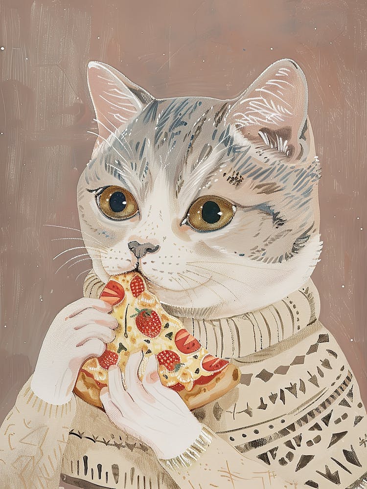 Grey And White Cat Pizza Lover Folk Illustration 4