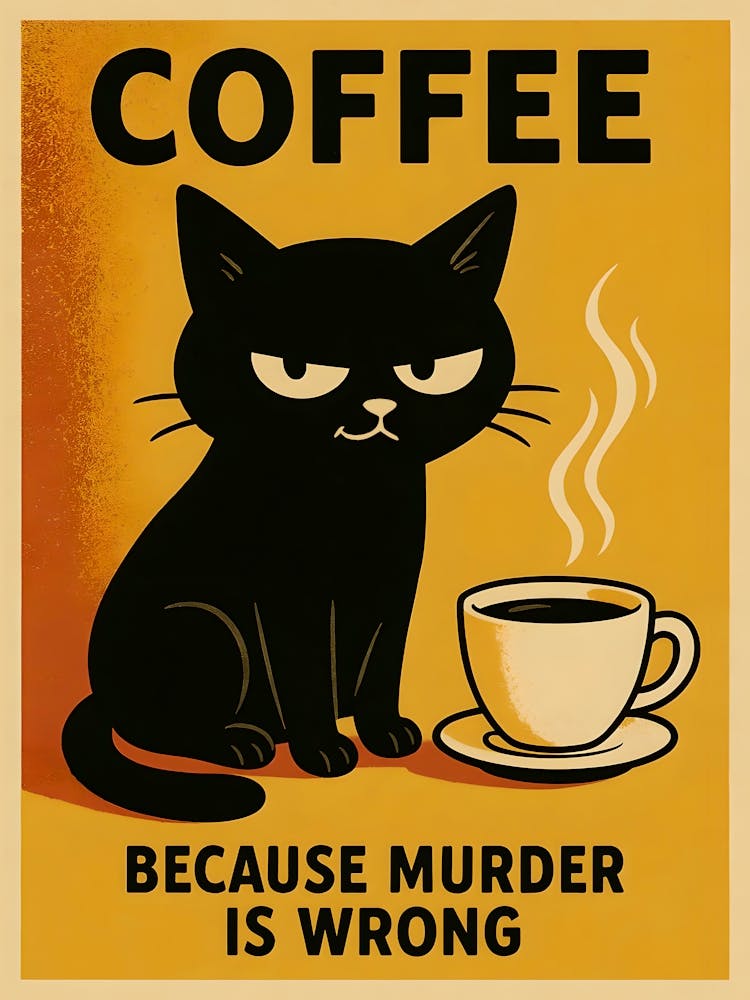 Murder Coffee Cat – Dark Humor Kitchen Poster: Start your day with caffeine and dark humor — this vintage cat poster shows a sarcastic black cat in the kitchen with murder in its eyes. A funny, grumpy cartoon with coffee, poop jokes, and a splash of yellow. Perfect for awkward mornings and feline attitude.