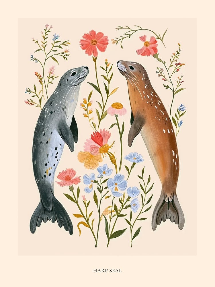Folksy Floral Animal Drawing Harp Seal 2 Poster