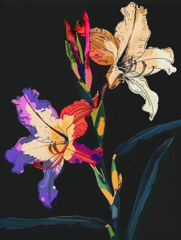 Neon Flowers On Black Gladiolus 4