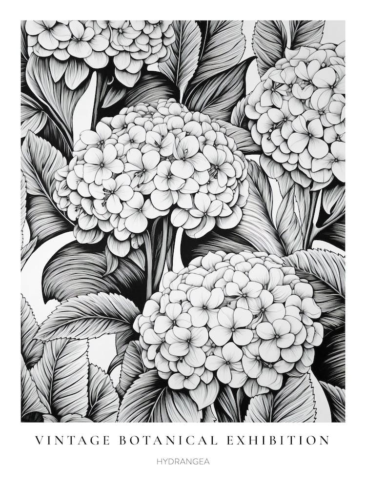 Hydrangea B&W Vintage Botanical Poster