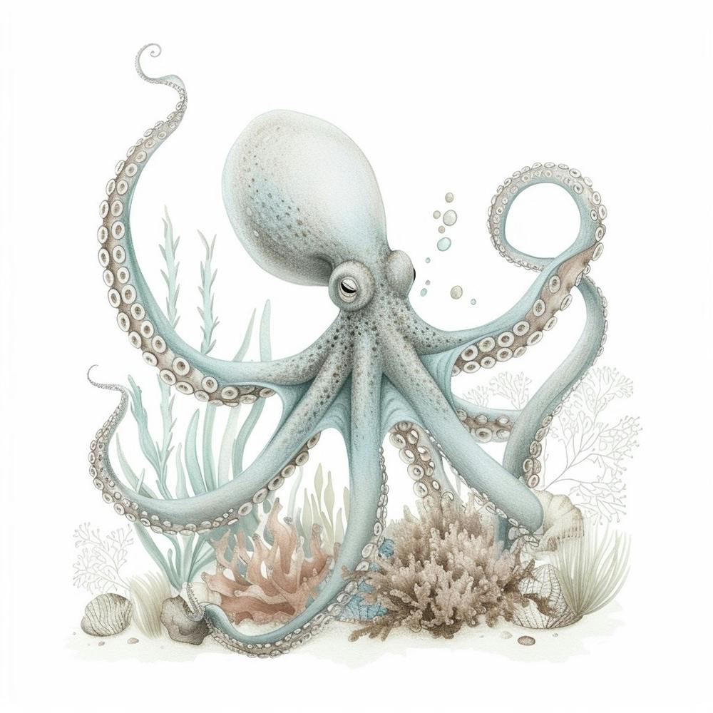 Storybook Style Octopus On The Ocean Floor With Aqua Marine Plants 1