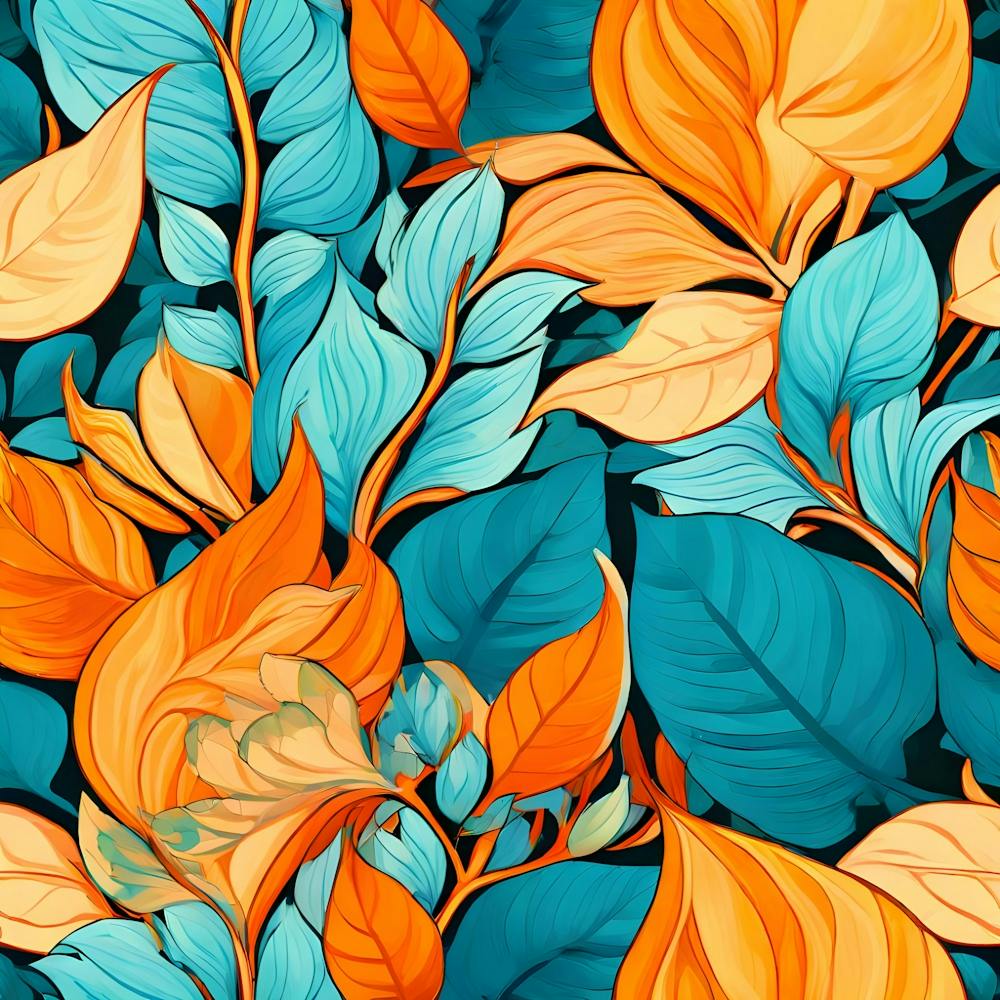 Seamless Pattern With Orange And Blue Leaves