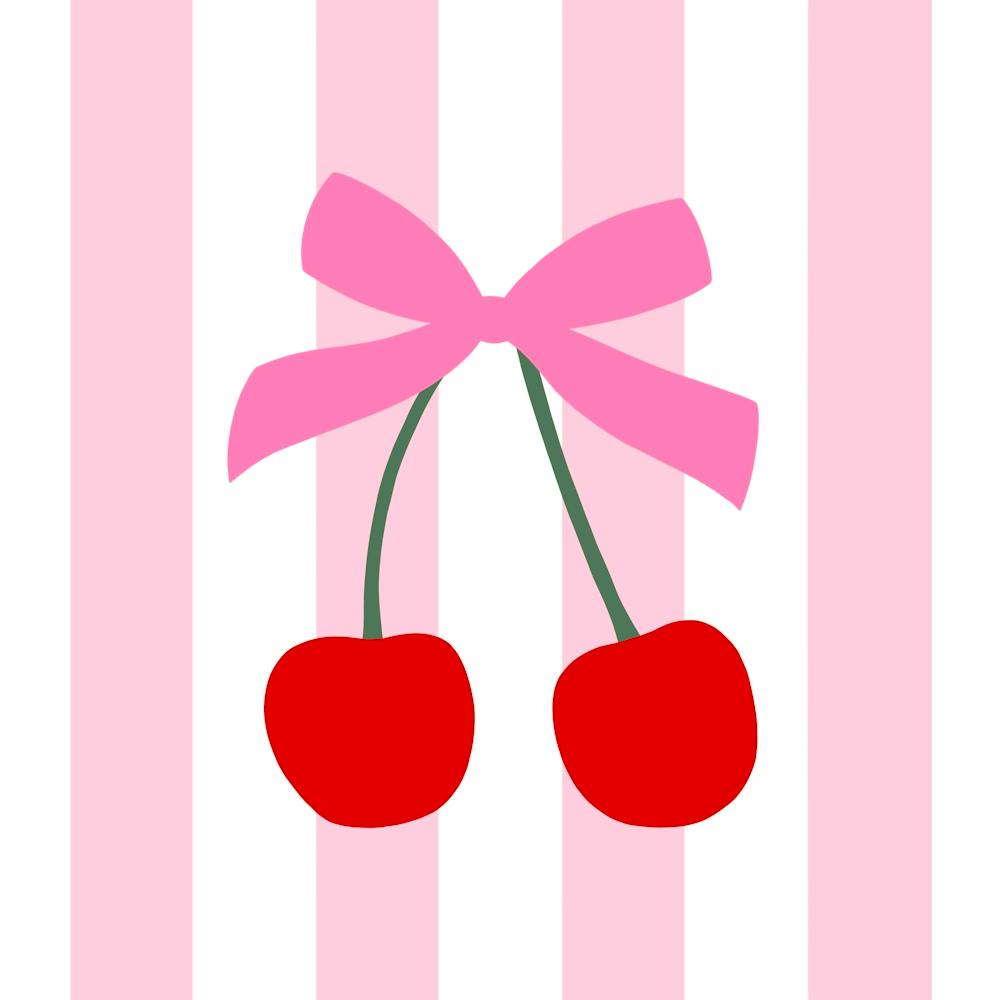 Cherry with Coquette Bow on Pink Stripes