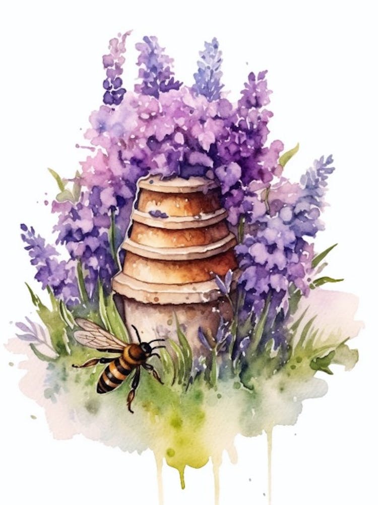 Beehive With Statice Watercolour Illustration 1