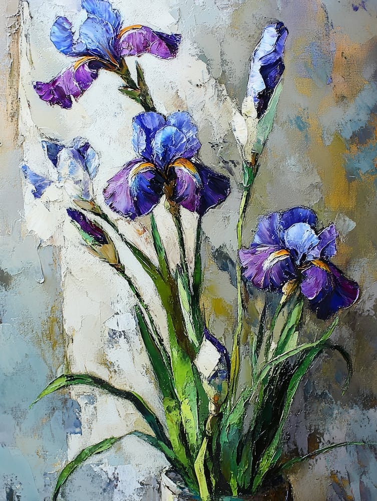 Oil Painting Still Life With Blue Violet Irises Flowers On Canvas With Texture In In The Grayscale