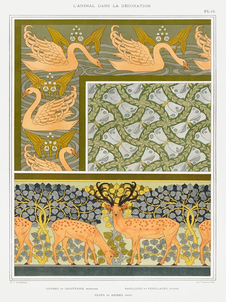 Swans And Sagittarius; Butterflies And Foliage; Deer And Does From The Animal In The Decoration (1897), Maurice Pillard Verneuil