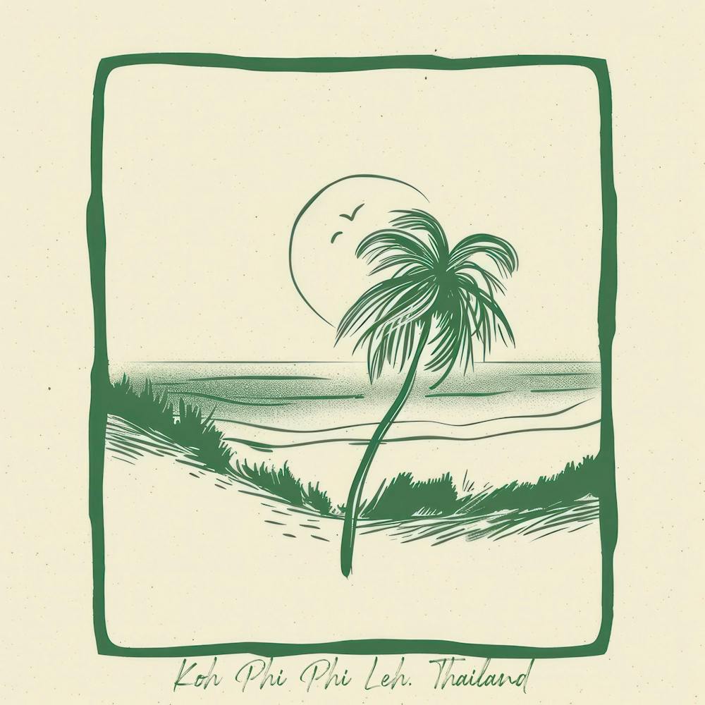 Koh Phi Phi Leh, Thailand Green Line Art Illustration