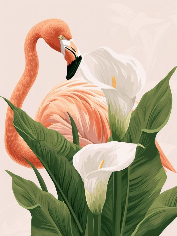 Lesser Flamingo And Calla Lily Minimalist Illustration 2