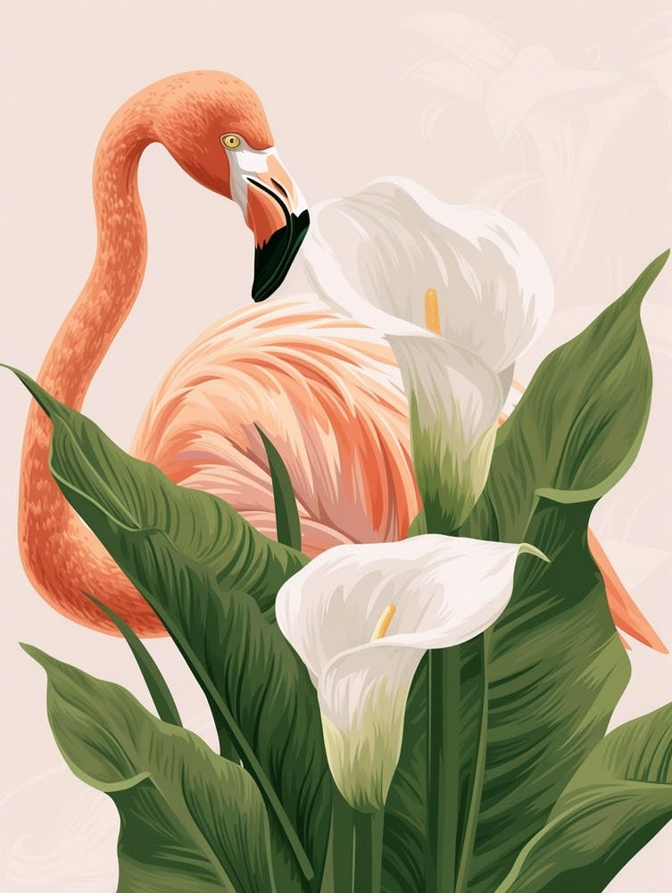Lesser Flamingo And Calla Lily Minimalist Illustration 2