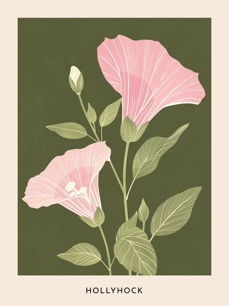 Pink & Green Hollyhock Flower Poster