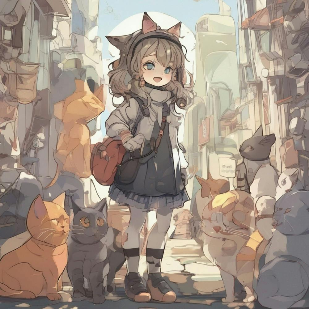 Anime Girl With Cats 1