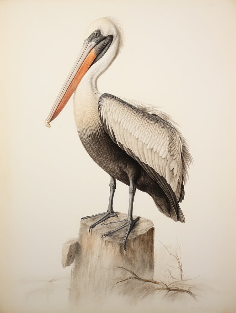 Vintage Bird Drawing Brown Pelican 1