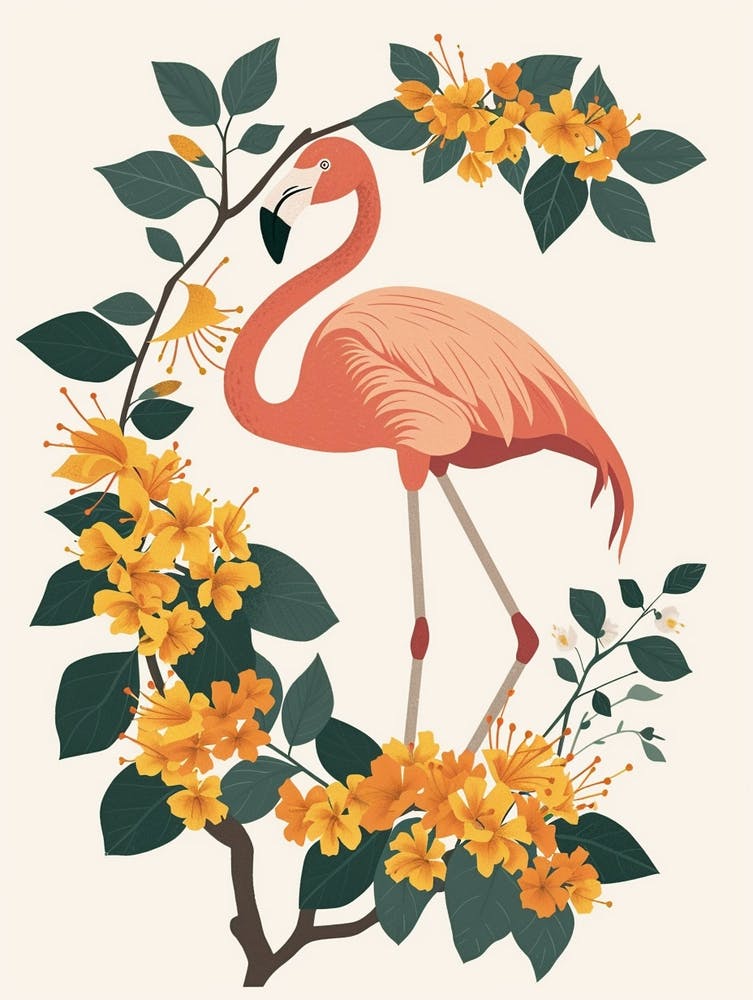 Jamess Flamingo And Bougainvillea Minimalist Illustration 1