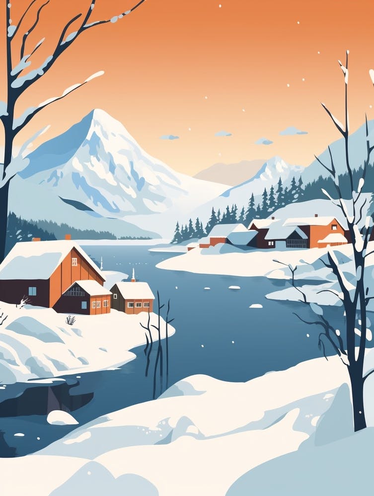 Retro Winter Illustration Lofoten Islands Norway 3