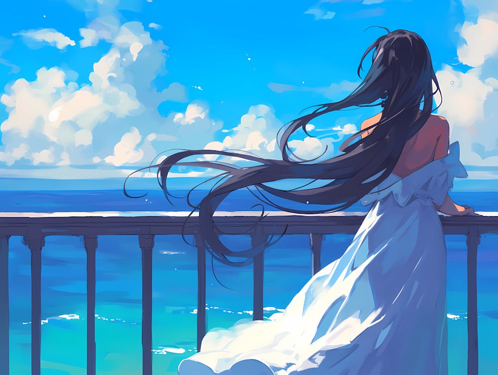 Fille anime regardant l'océan