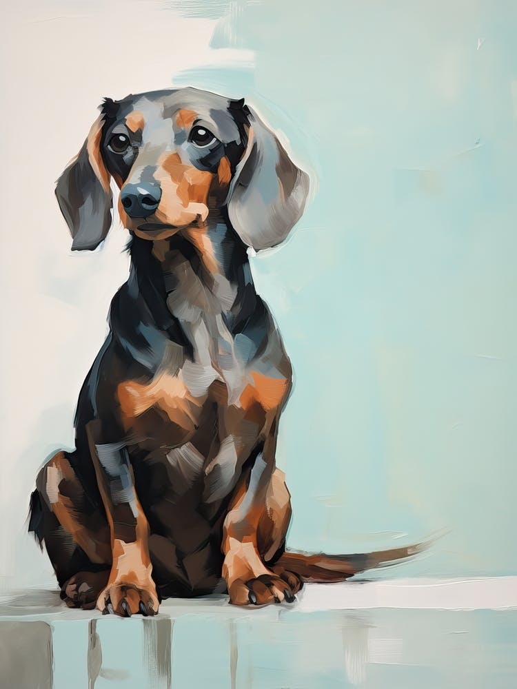 Dachshund Dog, Painting In Light Teal And Brown 1
