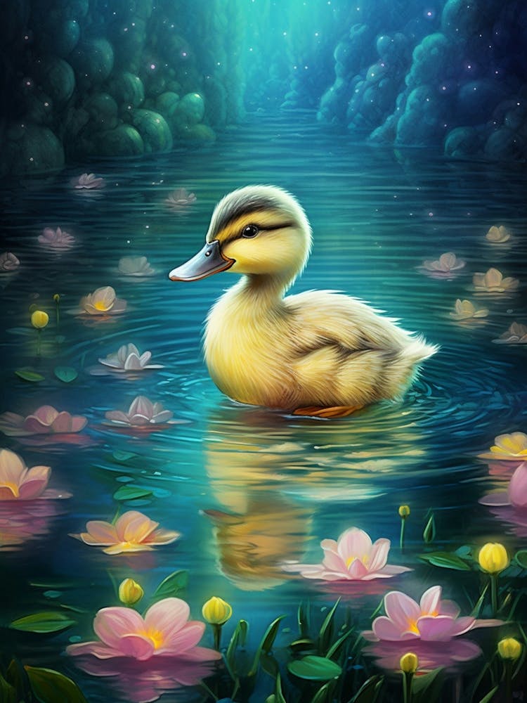 Duckling Swimming In The Pond In The Moonlight Pencil Illustration 4