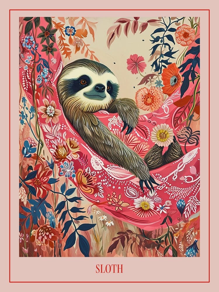 Floral Animal Painting Sloth Poster
