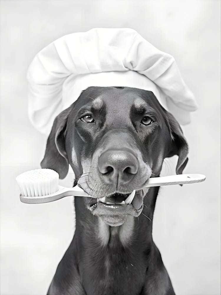 Doberman Dog Wearing A Chef S Hat, Holding A Toothbrush In Its Mouth