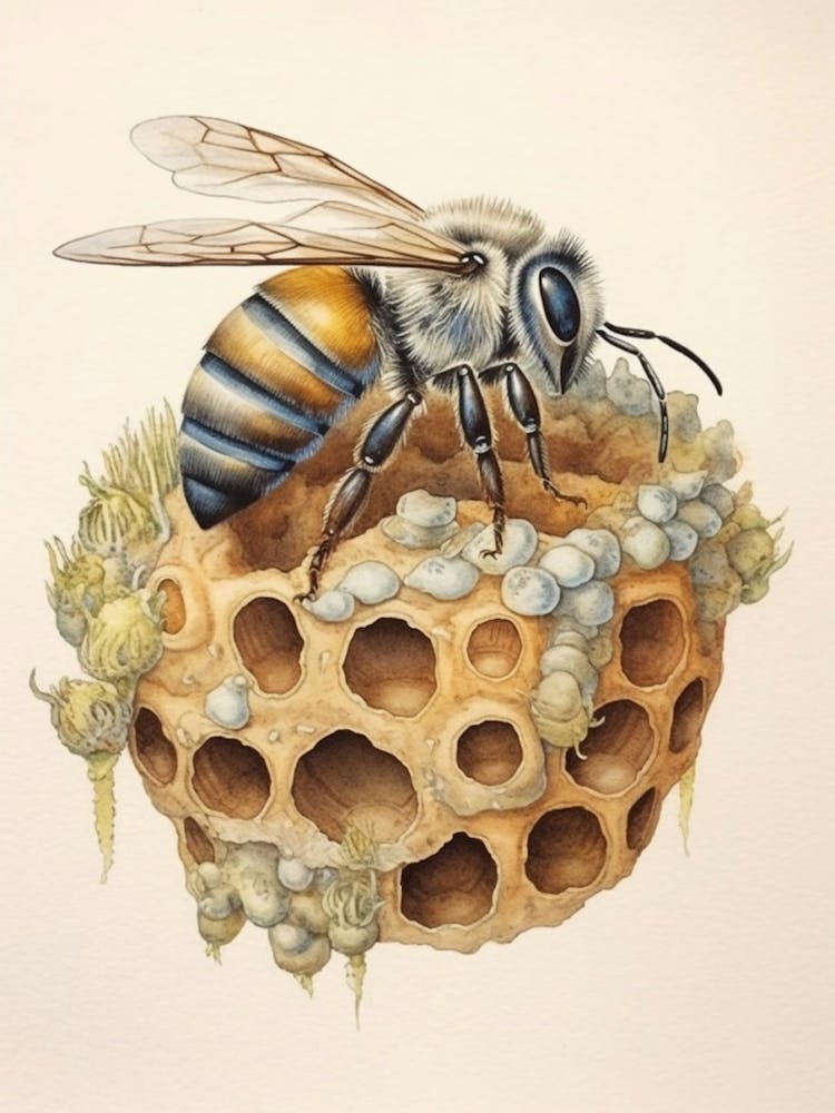 Blue Eyed Sweat Bee Beehive Watercolour Illustration 4