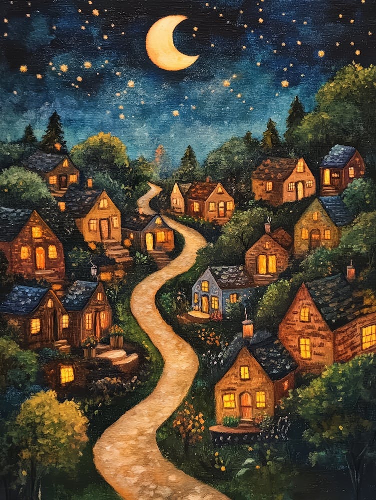 Dorf bei Nacht mit Sternen und Mond am Himmel 1