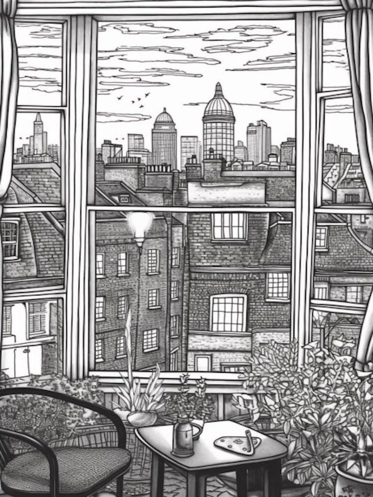 A Window View Of London In The Style Of Black And White  Line Art 1