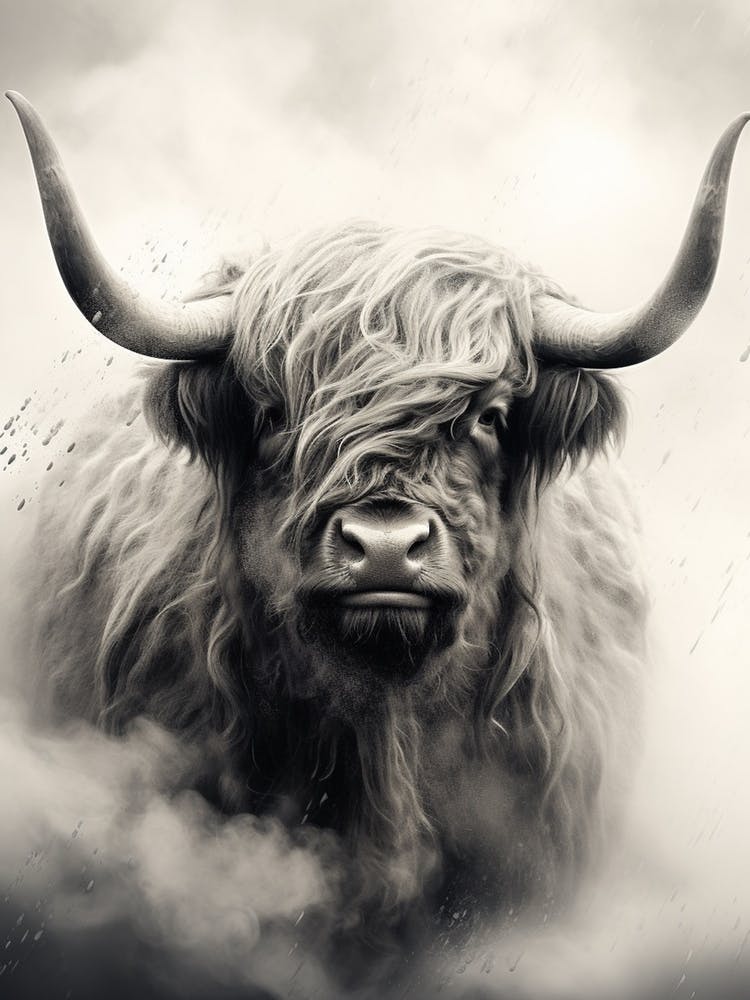 Black And White Illustration Of Highland Cow In The Clouds