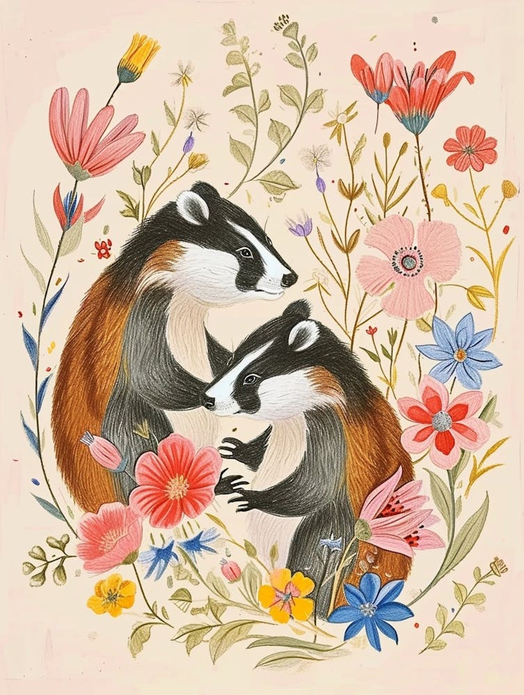 Folksy Floral Animal Drawing Badger 4