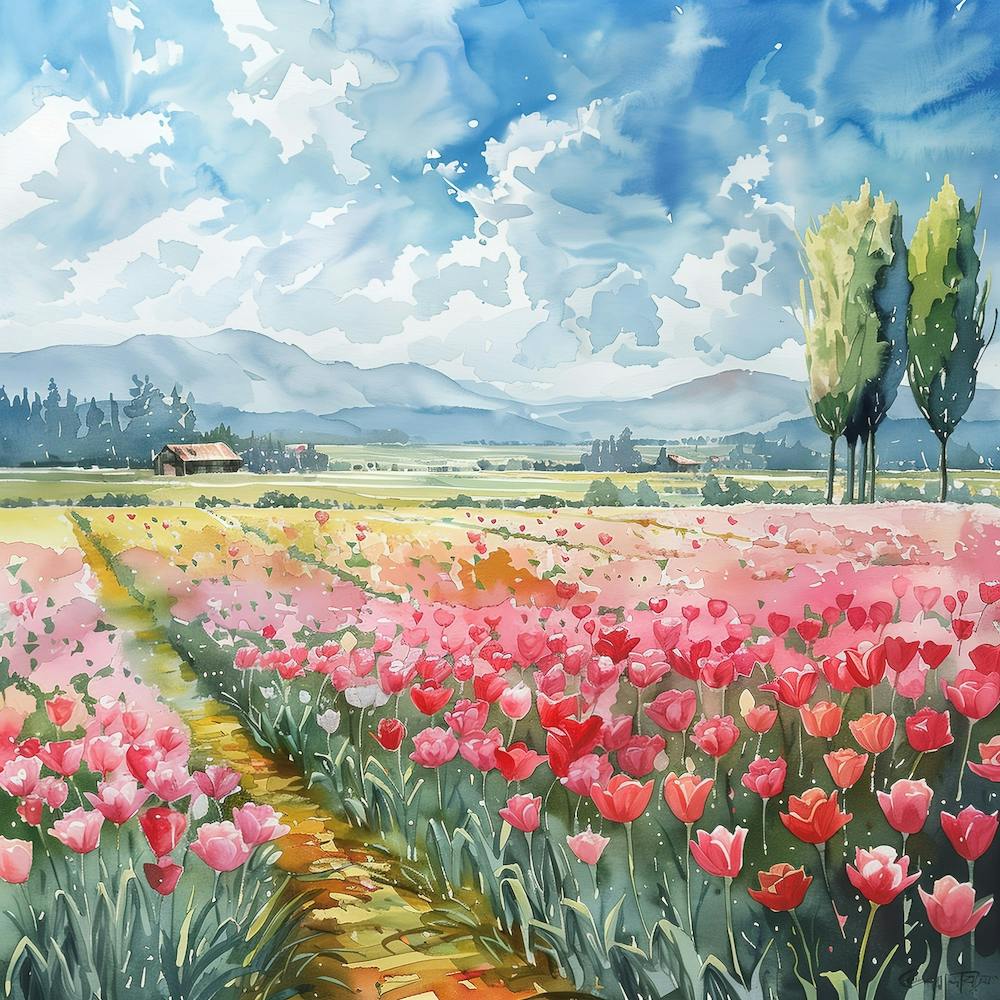 Watercolor Tulips Field