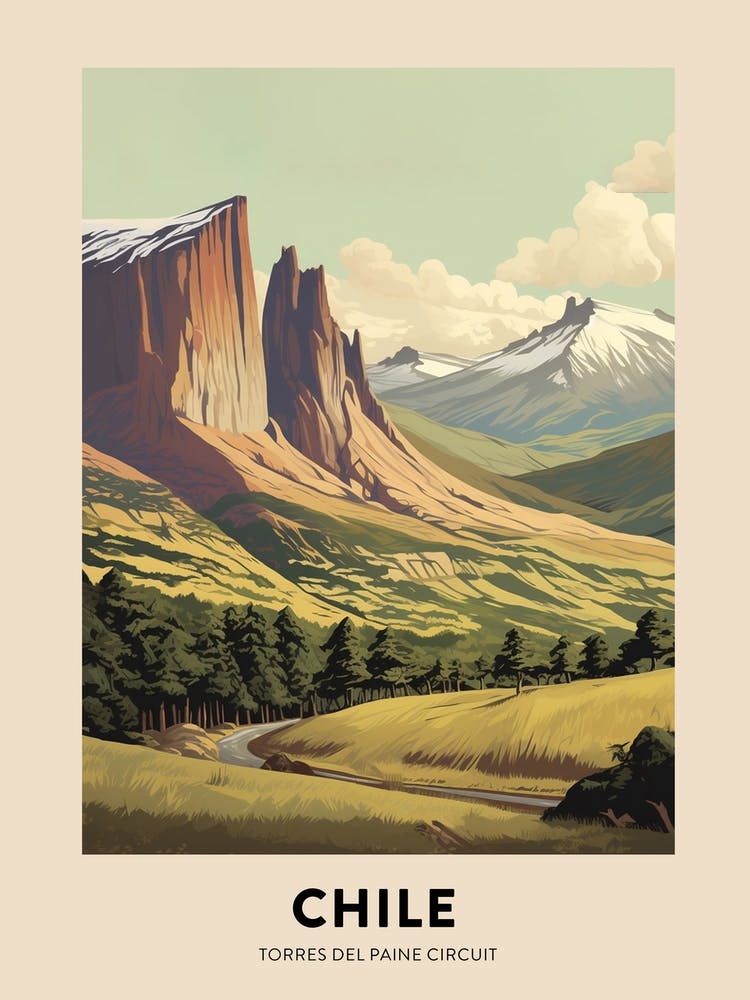 Torres Del Paine Circuit Chile 1 Vintage Hiking Travel Poster