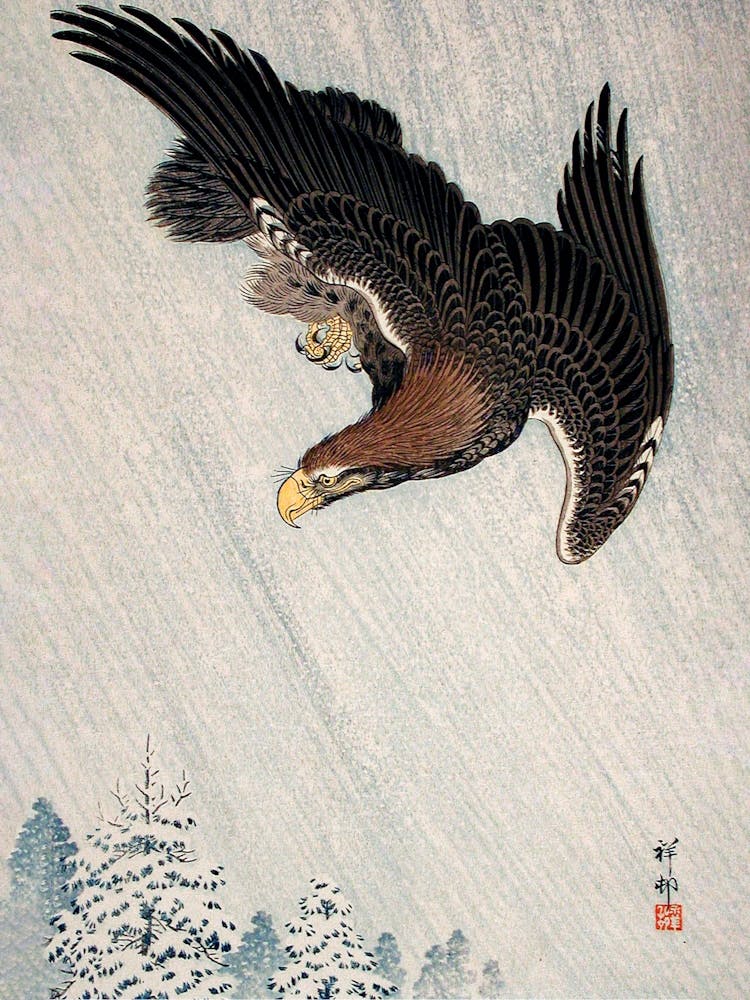 Fliegender Adler im Schnee, Ohara Koson